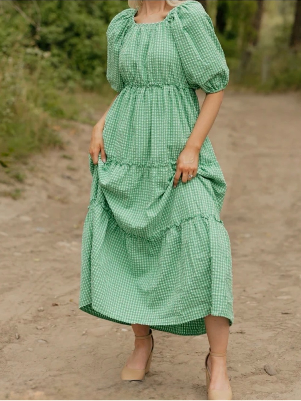Fits Medium/Large Love Olive Co elastic Waist Puff-Sleeve Maxi Dress Gingham